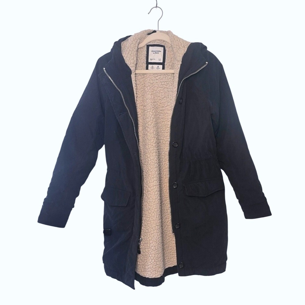 Abercrombie Fitch Sherpa Lined Parka Coat Womens Small Wind Water Resistant Navy